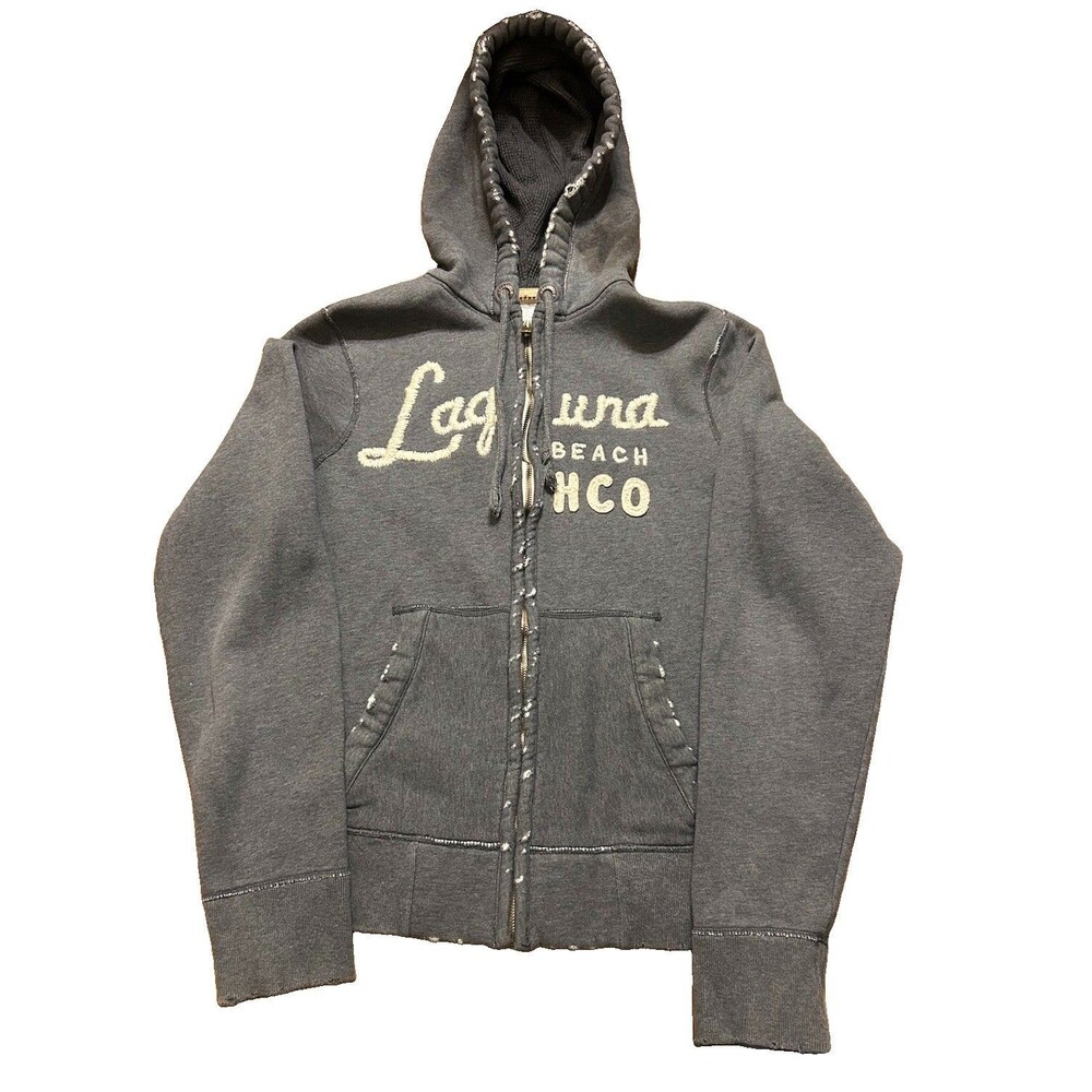 VTG Hollister Laguna Beach Fleece Distressed Full Zip Hoodie Pocket Mens L Y2K